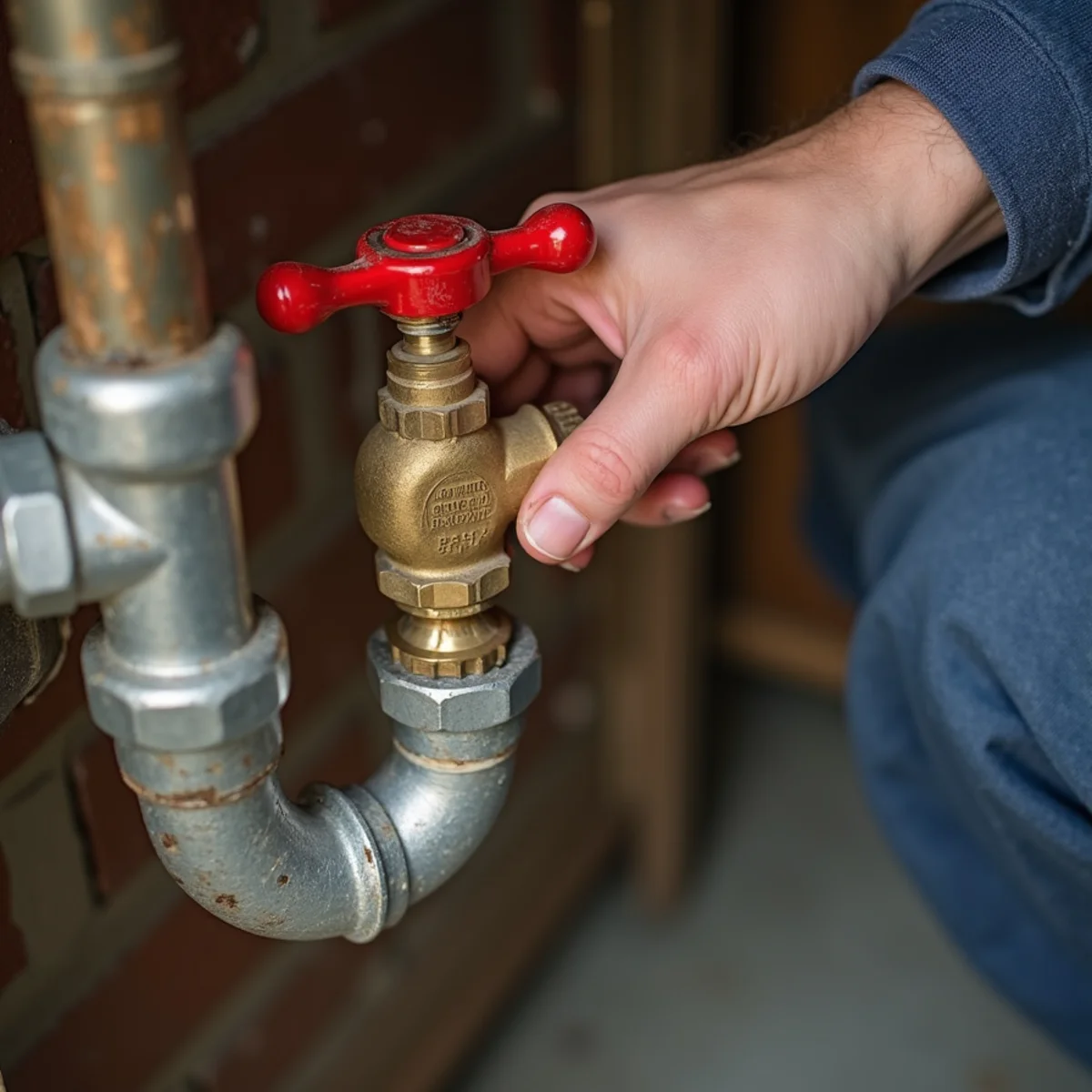 Homeowner turning main water shutoff valve clockwise to stop gushing water