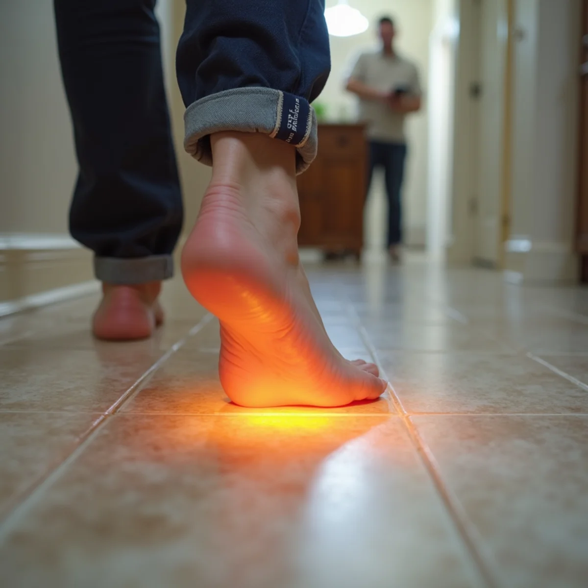 Barefoot stepping on unexplained warm floor tile indicating an under-slab hot water leak