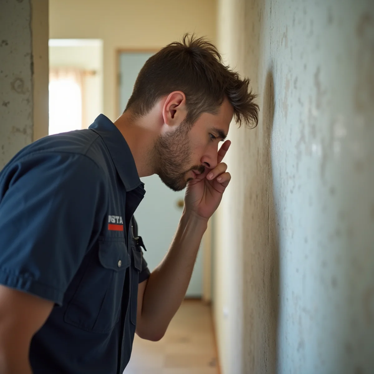 Listening closely to faint sound of running water inside wall when all fixtures are off